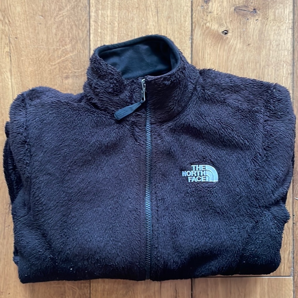 North Face zip up black furry jacket